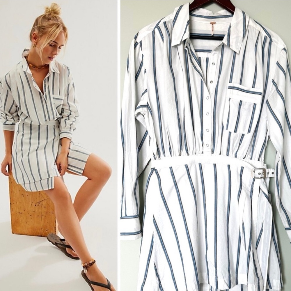 Free People White Mini Dress with Navy Stripes - Picture 3 of 10